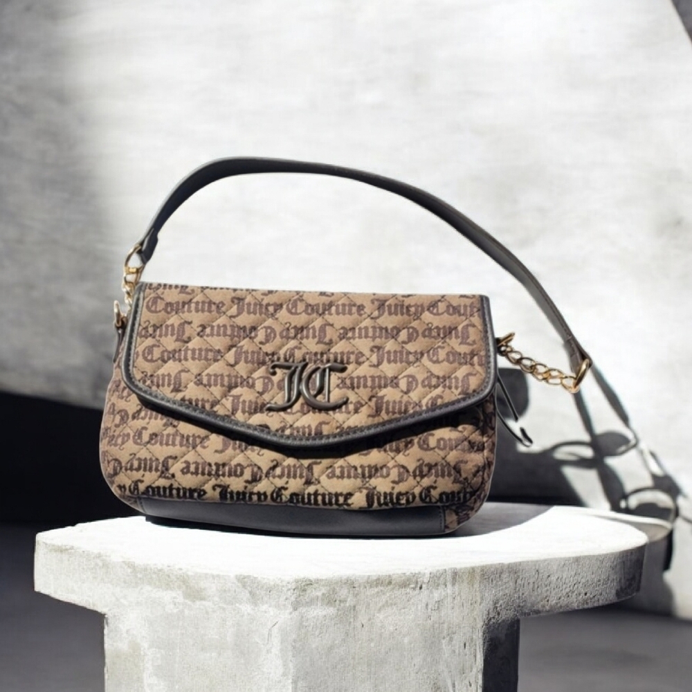 Juicy Couture Monogram Shoulder Bag – Classic Logo Print & Gold Chain Detail